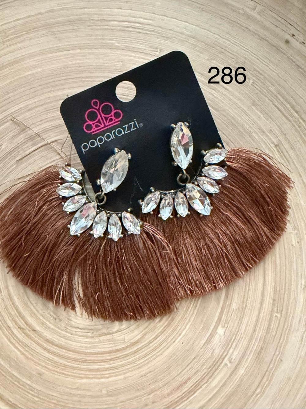 paparazzi Copper Brown Fan Fringe Earrings with Clear Crystals